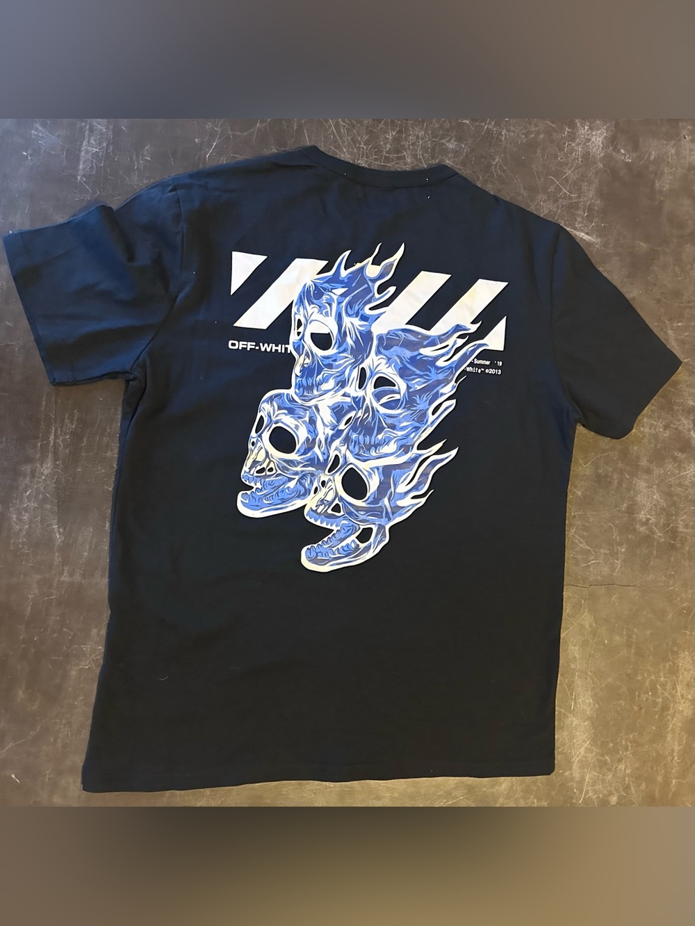 Off-White Black Tee with Blue Flaming Skulls Graphic